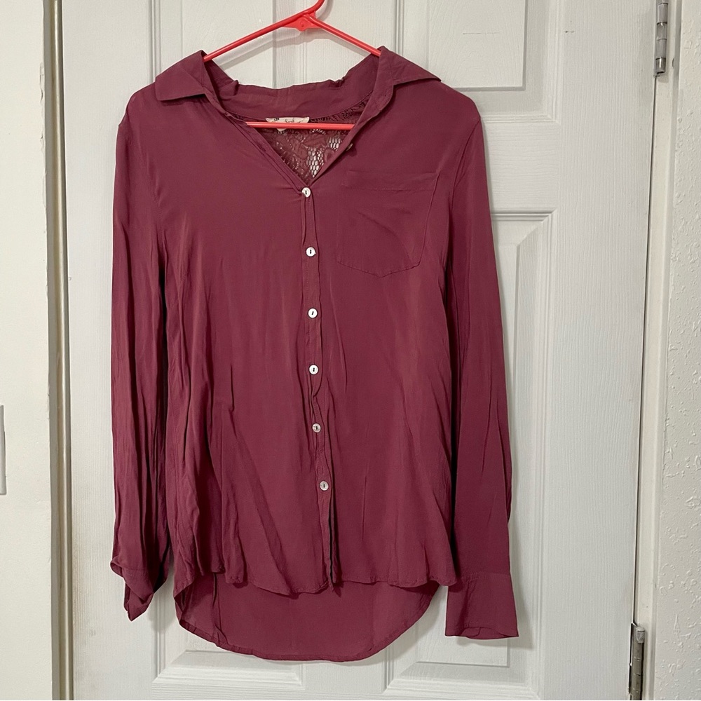 women’s dark pink button up shirt with lace detailing on back
